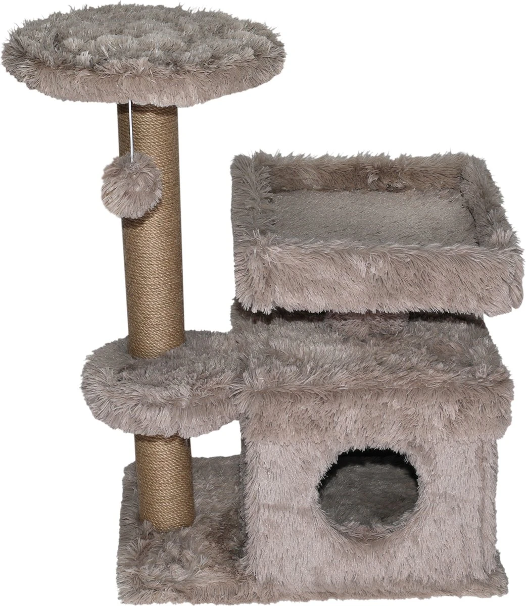 Topmast Krabpaal Fluffy Langhaar – Malmö – Beige – 72 X 39 X 87 Cm – Made In EU – Krabpaal Voor Katten – Met Kattenhuis – Sterk Sisal Touw