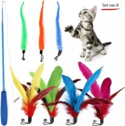 Kattenhengel – Set Van 8 – 1 Hengel En 7 Hangers – Interactief Speelgoed Voor Kat Of Kitten – Anti Slip Handvat