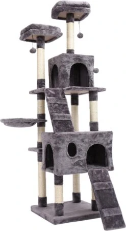 Grote Kattentoren – Verstelbare Kattenboom – Kattenhuis – Kat – Krabpaal – Natuurlijke Sisal – Grijs – Met Speelgoed – 176 Cm