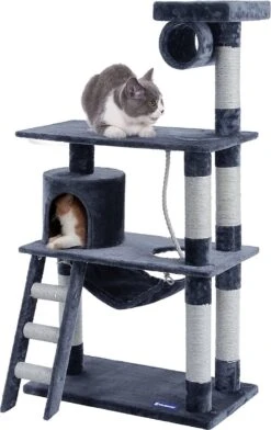 Feandrea PCT63G – Krabpaal – Krapmeubelen – Krabpaal Voor Katten – Kattenboom – Donkergrijs -Krabpaal Met Hangmat En Trap – Hoogte 140 Cm – Verdikte Sisalstammen Tot Ø 8,6 Cm